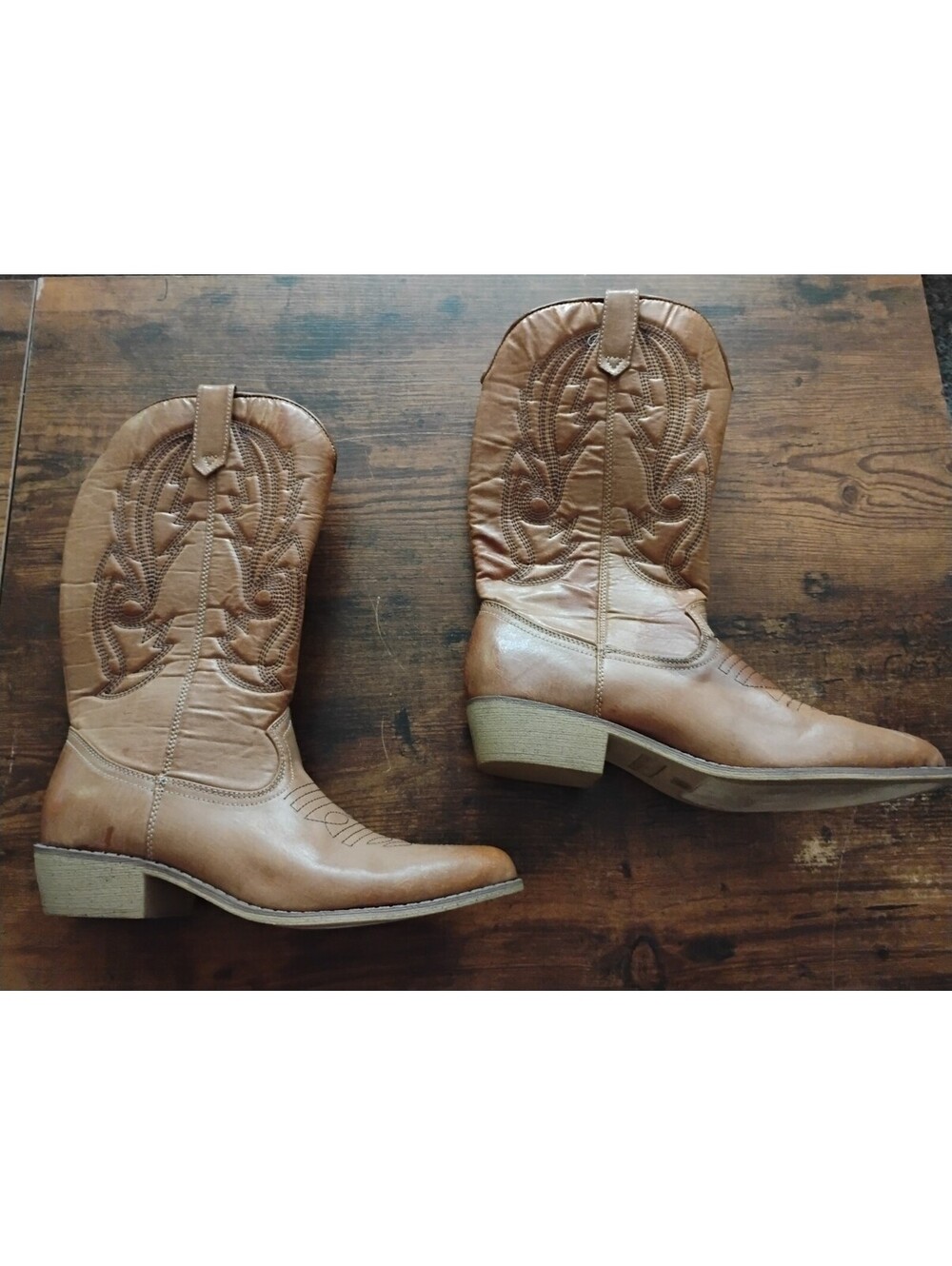 Gaucho Women's Tan Faux Leather Western Cowboy Boots Size 7.5M Embroidered